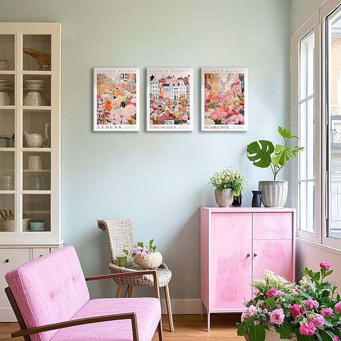XLARTMY Flower Market Wall Art Print Canvas Framed Pink Floral Paintings Colorful Botanical Sunflower Artwork Travel Poster for Decor Picture 3 pieces for Living Room Bedroom Bathroom 12x16in