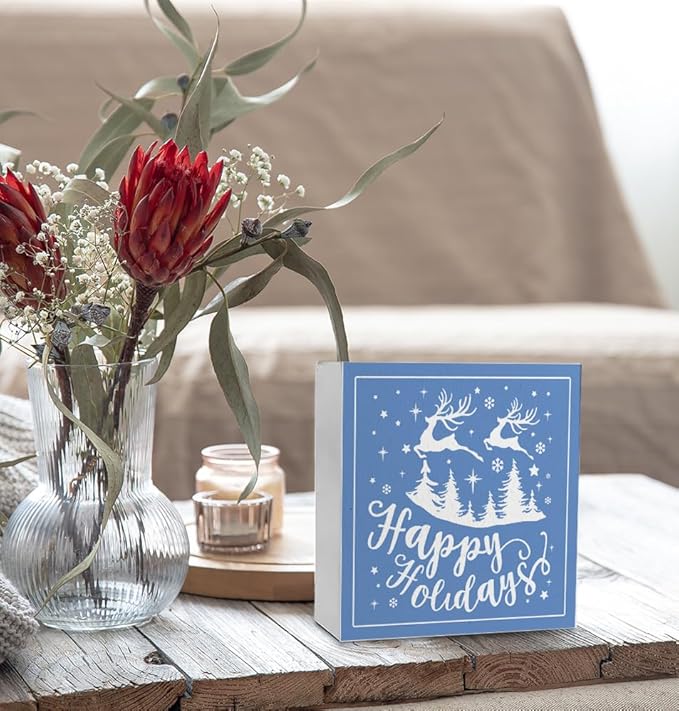 Happy Holiday Christmas Wooden Box Sign, Christmas Desk Decor, Farmhouse Christmas Trees Reindeer Snowflake Xmas Wood Signs for Home Office Table Shelf Decoration, 5x5 Inch(blue)