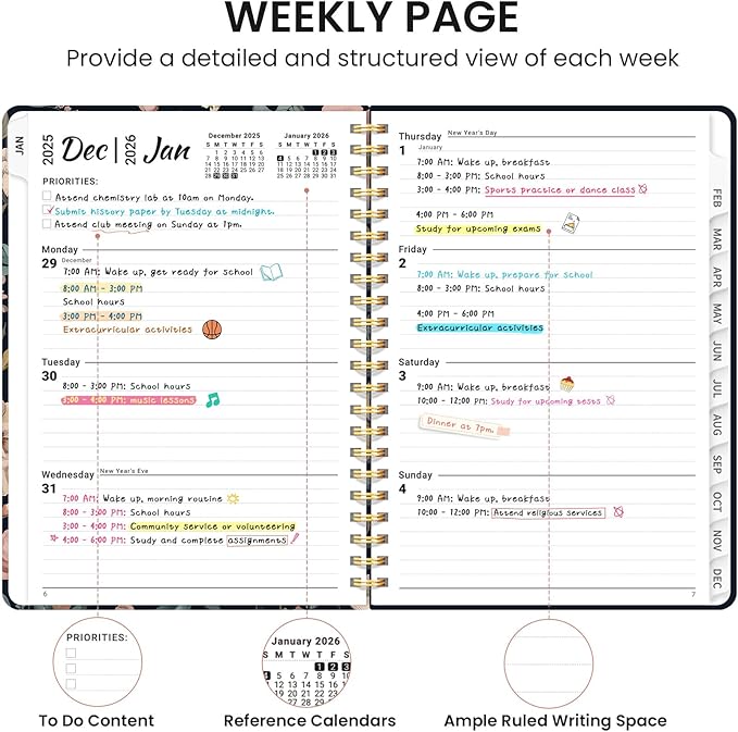 2026 Planner, Monthly and Weekly Calendar Planner for Women, Jan 2026 - Dec 2026, Hardcover Pretty 2026 Agenda Planner Book with Tabs, Spiral Bound, Perfect for School Office Home Supplies, 6.3" x 8.5" - Evening Petals