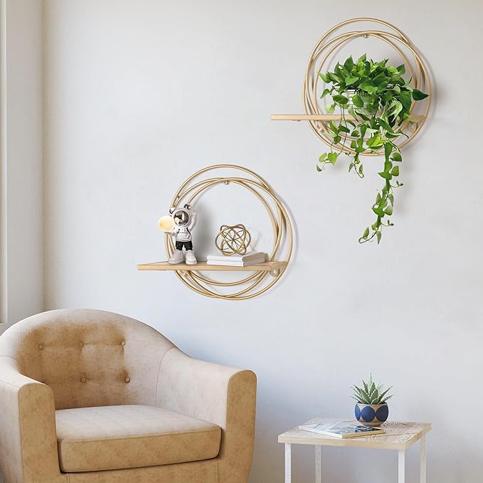 Oakrain Small Floating Shelves Set of 2, 11" Gold Wall Mounted Hanging Shelf with Metal Frame Wood Round Wall Shelves for Storage, Living Room Decor, Bathroom, Kitchen, Bedroom, Office