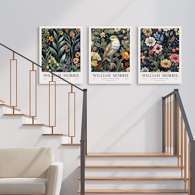 Hianan William Morris Floral Canvas Wall Art, Vintage Botanical Poster Prints, Bright Flower Bird Aesthetic Pictures, William Morris Animal Wall Decor for Living Room Bedroom Framed 16"x24"x3