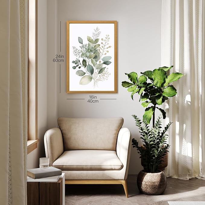 HLXRAE Watercolor Botanical Wall Art Set of 3, Neutral Sage Green Bathroom Wall Decor, Modern Floral Canvas Paintings, Minimalist Farmhouse Poster Prints for Bedroom Living Room Wood Framed 16x24 Inch