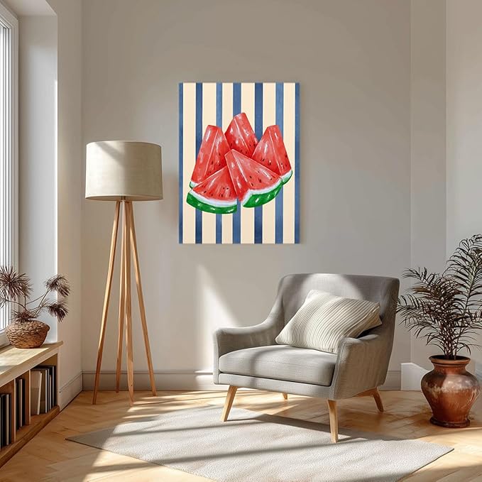 Watermelon Watercolor Wall Art – Fresh Summer Fruit Canvas Print – Blue Stripe Kitchen Decor – Watermelon Slice Illustration Poster 12x16inch-Unframed