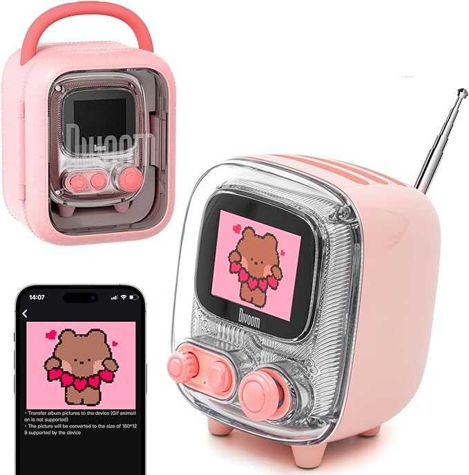 Divoom Tiivoo-2 Retro Bluetooth Speaker with FM Radio,Pixel Art Portable Mini Cute Wireless Small Speaker,Vintage Decor Suitable for Party Office Desk Home Bedroom Kitchen,Gifts for Women Men,Pink