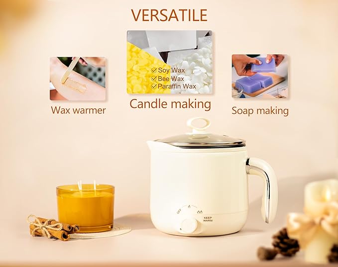 Aroparc Wax Melter for Candle Making Large 1.8L/60oz Electric Wax Melting Pot with Pouring Spout, Non-Stick Easy to Clean & Keep Warm - Wicks, Wick Stickers, Centering Tools, Spoon
