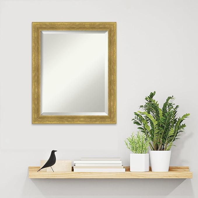 Amanti Art Gold Wall Mirror 23x19 Angled Gold Rectangle Bathroom Mirror for Wall Decor Living Room, Small Modern Wood Frame, Hangs Horizonally and Vertically, Bathroom Decor, Beveled Edge