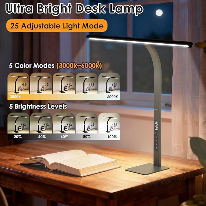 LED Desk Lamp for Office Home: Desk Light with Base 25 Min Pomodoro Timer, Clock LCD Display - 5 Color Stepless Dimming Adjustable Flexible Gooseneck, Lighting Table Lamp for Reading Study Drafting
