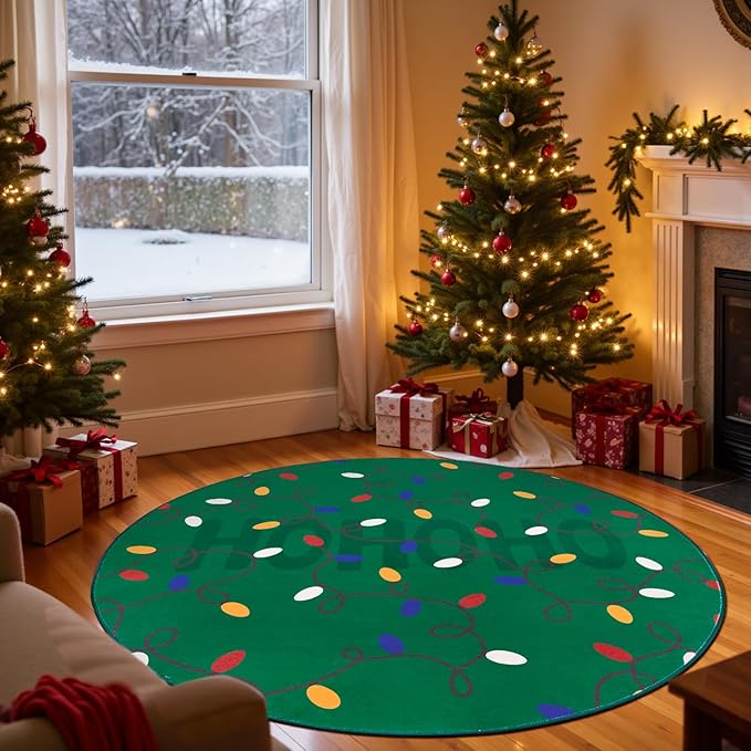jinchan Jingle Lights Round Christmas Rug for Living Room 5ft Green Circle Holiday Rug for Bedroom 5' Colored String Lights Printed Xmas Decor Washable Indoor Carpet for Dining Room Foyer Non-Slip