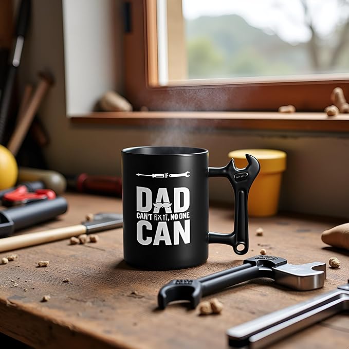 LOZACHE Novelty Coffee Mug with Wrench Handle for Dad, Funny Birthday Gifts from Daughter Son for Father, Papa, Daddy - Christmas, Father's Day Gift Idea - If Dad Can't Fix It NO One Can Cup