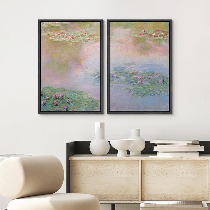 SIGNWIN Framed Canvas Print Wall Art Set Impressionist Water Lily Illustration Modern Art Minimalism Decorative for Living Room, Bedroom, Office - 24"x36"x2 Black