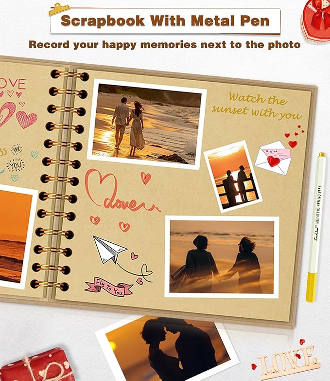 EJBLFE DIY Scrapbook Album, Hardcover Kraft 7x7 inch 40 Pages Scrap Book Photo Album with Metallic Pen for Family Memory Book, Wedding Anniversary, Tickets Etc