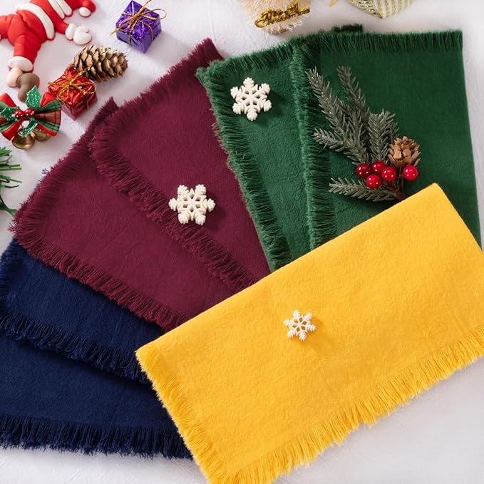 12 Pack Mixed Chriatmas Color Cotton Linen Napkins with Fringe Christmas Winter Napkins Cloth Set of 12 Boho Handmade Dinner Napkins Bulk for Wedding Xmas Dining Table, 17 x 17 Inches