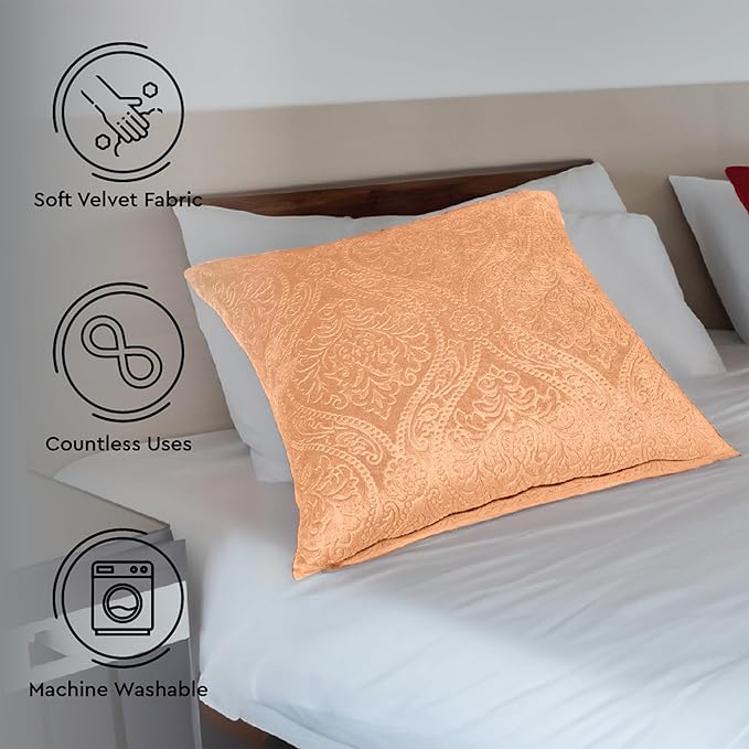 Encasa XO Luxury Embossed Velvet Throw Pillow Covers - Plush Cushion Covers for Elegant Living Rooms & Bedrooms, Machine Washable, 24"x24" Peach | Set of 2 | Covers Only No Insert