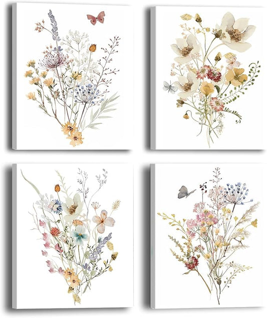 Wildflower Canvas Wall Art,Watercolor Flower Wall Art Poster, Colorfull Minimalist Floral Picture Printing,Farmhouse Living Room Bedroom Office Decoration (8”X 10”Framed)