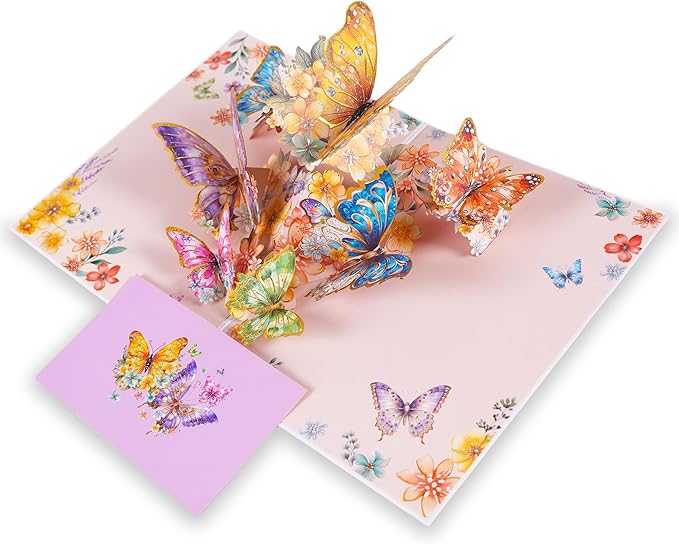 3D Bouquet Butterflys Orange Pop Up Thank you Card, Teacher Appreciation Card, Handmade Flowers Box Greeting Cards with Note and Envelope for New Year Anniversary