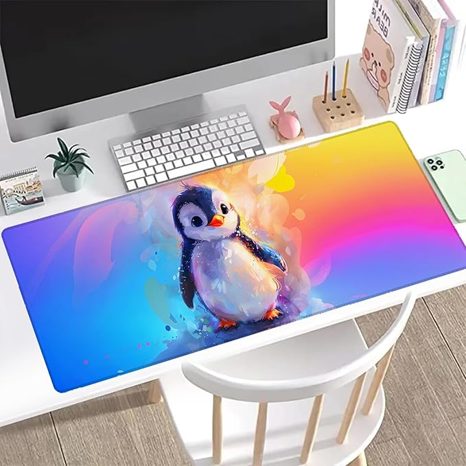 Colorful Penguin Gaming Mouse Pad, Office Desk Mat, Anti-Slip Rubber Base Cool Aesthetic Mouse Pads for Computer Laptop Keyboard School Home Desktop Gamer Home Accessories Decor 31.5" x 11.8"