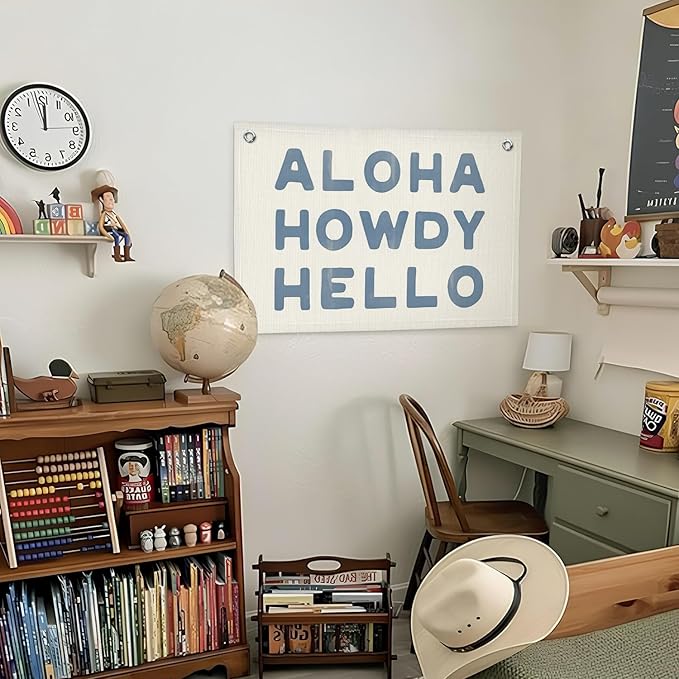 Lacama Aloha Howdy Hello Linen Hanging Banner Flag，Trendy Preppy Linen Hanging，Coastal Cowgirl Decor，Gifts for Teen Girls，Beach Coastal Cowgirl Decor for Dorm Wall Decor Living Room 30x20