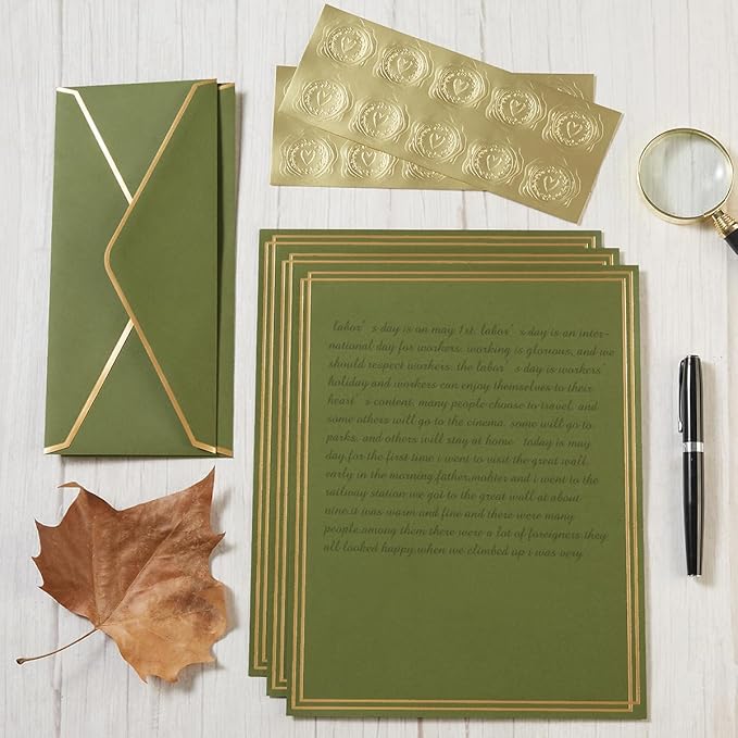 50 Pack Stationery Set with Gold Border, #10 Business Envelopes and 8.5x11 Paper Sheets and Stickers for Writing Letters (Olive Green, 8.5x11 Inches)