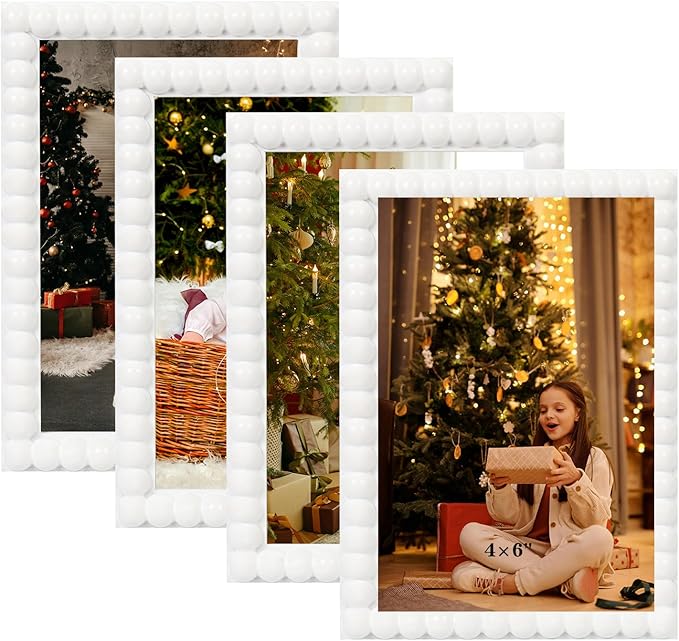 4x6 Picture Frame Set of 4, White Beaded Photo Frames Display Pictures 4x6 without Mat, Multi Photo Frames Collage for Wall or Tabletop Decor