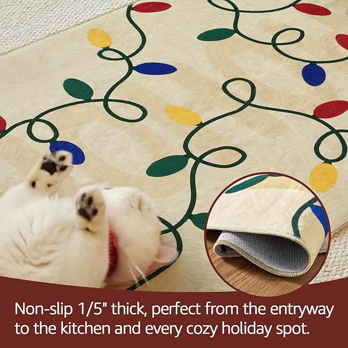 jinchan Jingle Lights Christmas Rug 3x5 for Entryway Kitchen Beige Holiday Rug for Bedroom Colored String Lights Printed Xmas Decor for Living Room Bathroom Washable Non Slip Decorative Floor Carpet