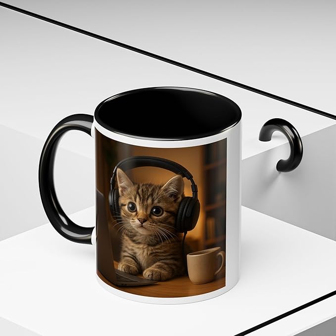 Adorable Cat Coffee Mug, Cute Kitten with Earphones, Pet Lover Gift, Tea Cup, Animal Lover Mug, Coffee Cup