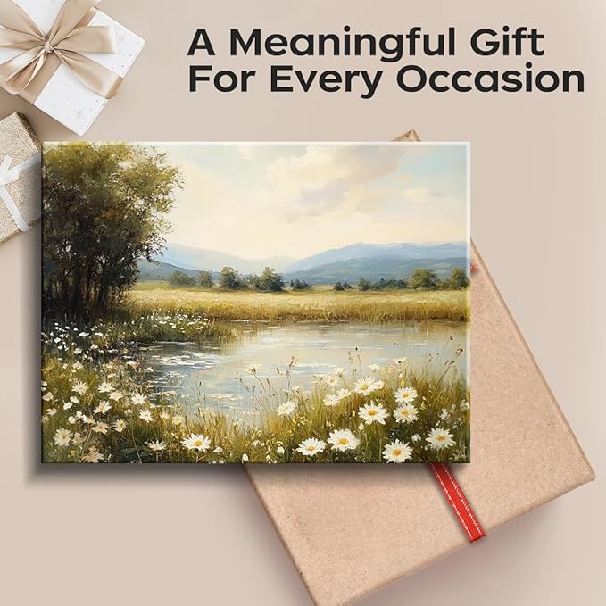 WOXZQ Rustic Lake Meadow Wall Art – 15x12 Inch Countryside Landscape Print with Wildflowers – Frameless Laminated Paper for Living Room, Bedroom, or Office – Hanging & Tabletop Display
