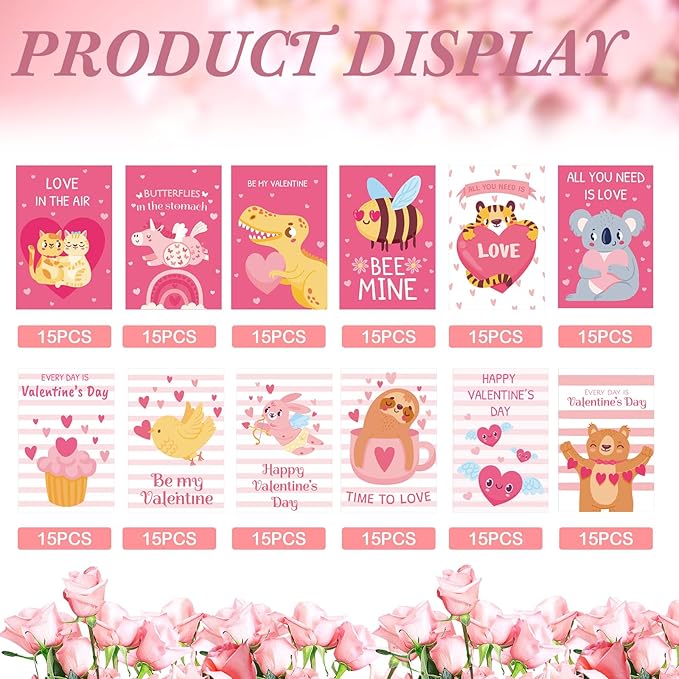 180 Pcs Mini Valentine's Day Cards Assortment Bulk Classroom Kids Greeting Cards 3.5 x 2.4''Foldable Love Heart Greeting Cards Wedding Card with Envelopes Stickers for Valentines Day