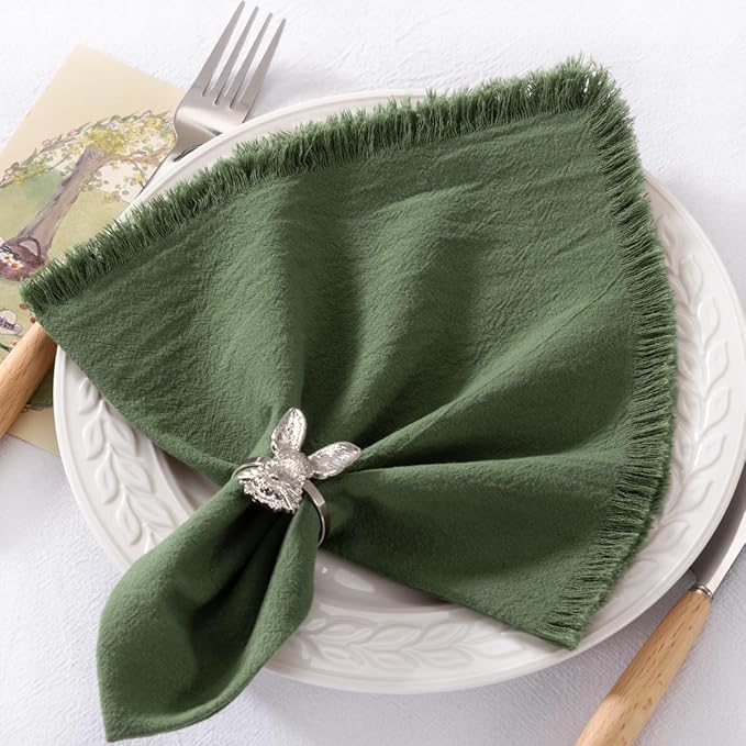 6 Pack Olive Green Cotton Linen Napkins with Fringe Green Cloth Napkins Set of 6 Boho Handmade Dinner Table Napkins for Wedding Bridal Baby Shower Tea Party, 17 x 17 Inches