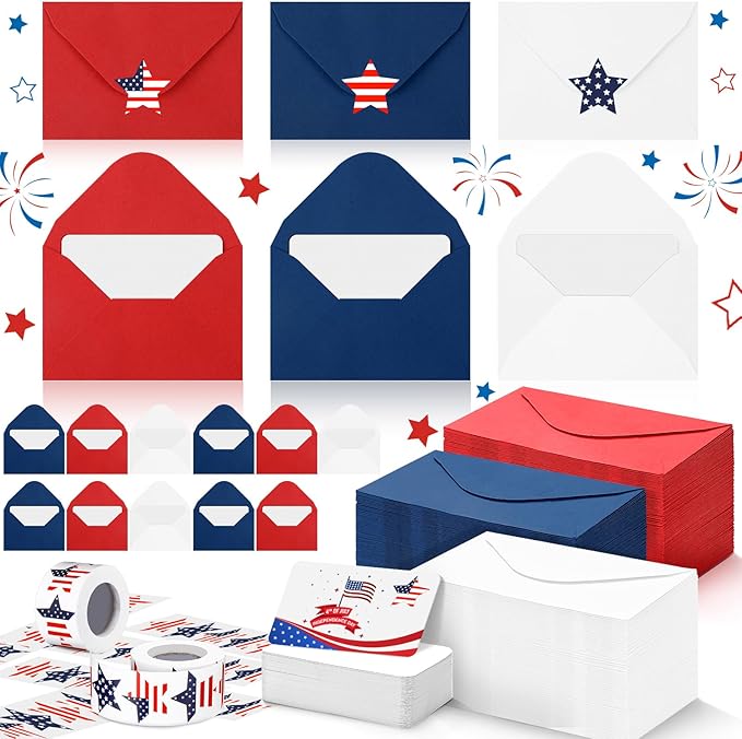 400 Set Mini Patriotic Greeting Cards with Envelopes Stickers July 4th Memorial Day Red White Blue Small Greeting Cards Bulk Blank Note for Independence Veterans Day Supplies(Blue,white,red)