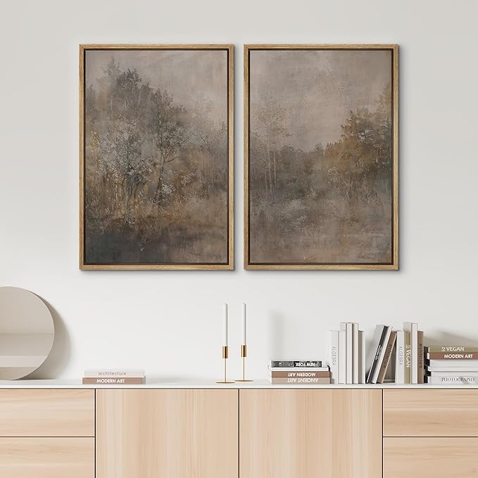 SIGNWIN Framed Canvas Print Wall Art Set Misty Forest Landscape Neutral Woodland Nature Illustrations Modern Art Scenic Colorful for Living Room, Bedroom, Office - 16"x24"x2 Natural