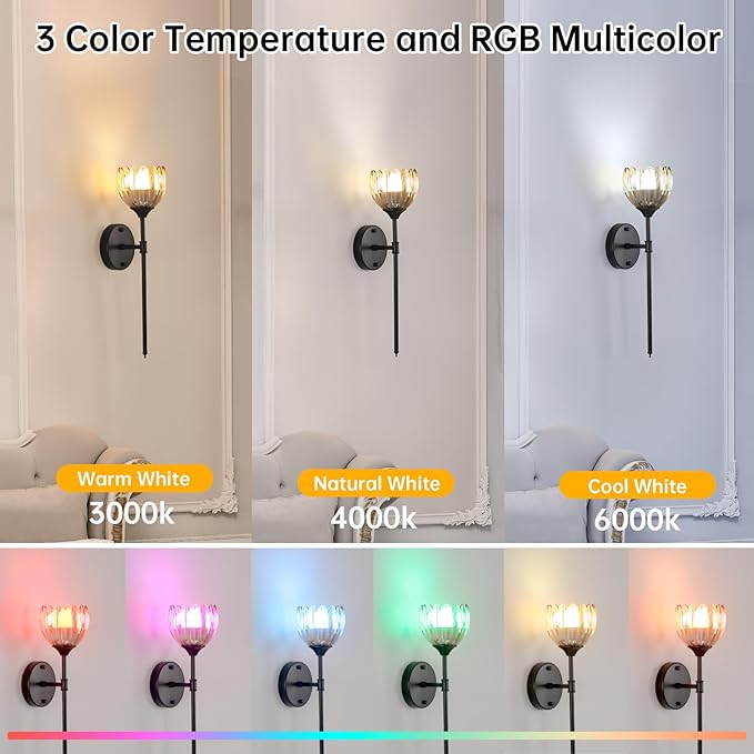 Battery Operated Wall Sconce Set of 2, Amber Tulip Vintage Wall Light Fixture Rechargeable 5000mAh Battery Powered Wall Lamp with Remote for Living Room Bathroom, Black
