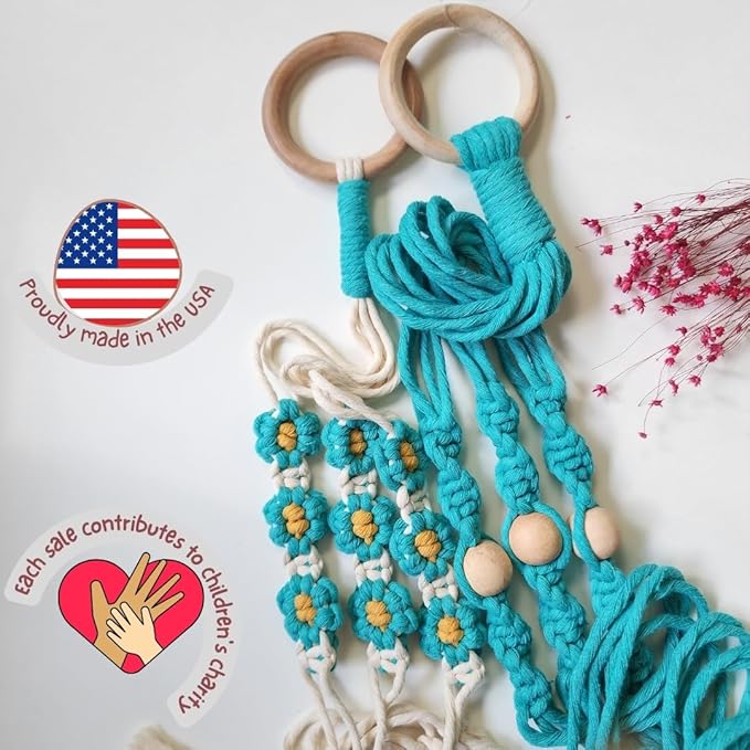 Set of 2 Macrame plant hanger with Daisies & Beads | Hanging plant holder Macrame Plant hangers outdoor and indoor hanging planters Plant stand indoor Boho Decor hanging planter stand (Ocean Teal)