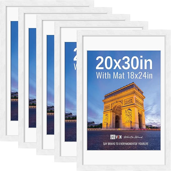 VCK 20x30 Frames White Set of 5, Wide Border Wood, Display 18x24 Picture Photo with Mat or 20 x 30 without, for Home, Office, Gallery, Woodgrain Series, Wall Hanging