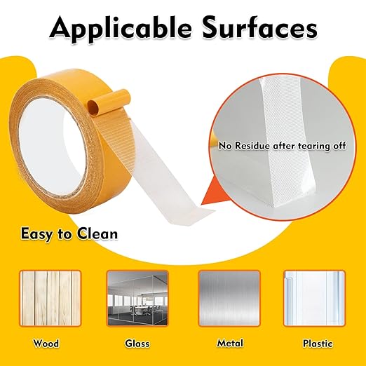 Double Sided Fabric Tape Heavy Duty Mounting Tape 1"/2“ x 50FT Resistente Clear Super Stick Tape with Fiberglass Mesh High Tack Strong Adhesive for Clothes Carpet Arts