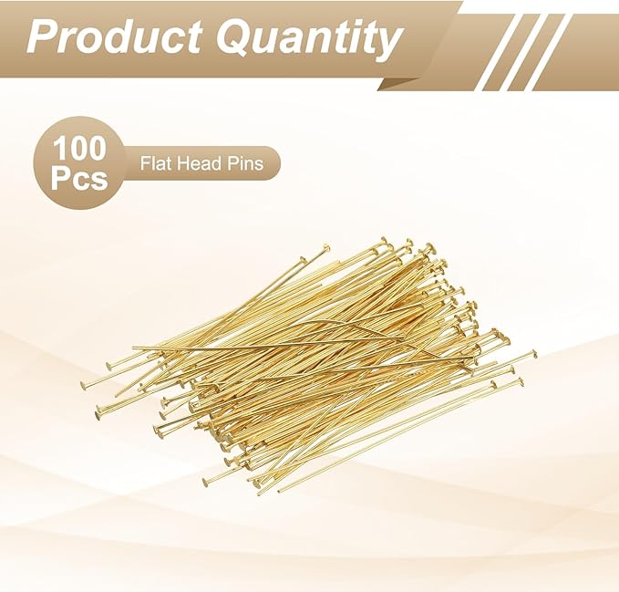 HARFINGTON 100pcs Flat Head Pins 1.97" 50mm Needles Bulk for Earring Pendant Necklace Bracelet Charm Jewelry Making Findings DIY Craft, 18K Gold