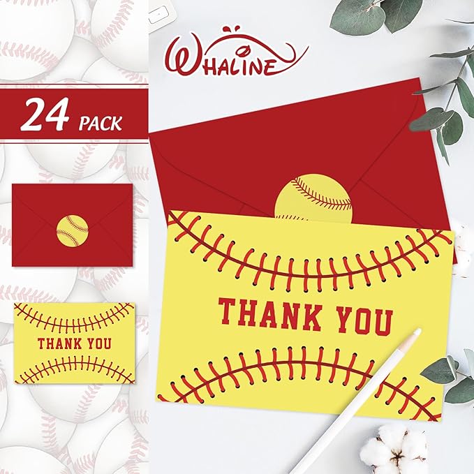 Whaline 24 Pack Softball Thank You Cards Greeting Cards Red Black Yellow Sports Theme Blank Note Card with Envelopes Stickers for Sports Fans Game Party Birthday, 4 x 6 Inch