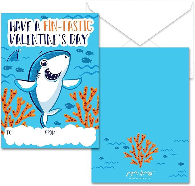 Paper Frenzy Shark Themed Valentines - 25 pack WITH ENVELOPES