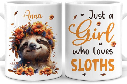 Hyturtle Personalized Cute Sloth Coffee Mug - Gift For Sloth Lover - Just A Girl Who Loves Sloths - Sloth Gift For Women - Animal Lover Gift - Birthday - Custom Name Coffee Cup Ceramic Mug 11oz 15oz