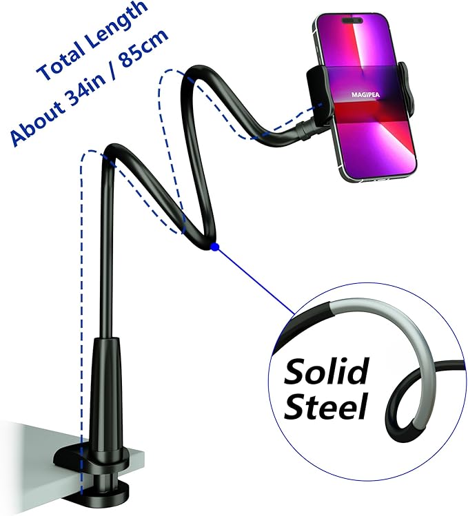 Cell Phone Clip Bed Stand Holder, with Grip Flexible Long Arm Gooseneck Bracket Mount Clamp for Desk, Compatible with iPhone 14 Pro Max XR X 8 7 6 or Other 3.5-7" Devices (Black, 34in)