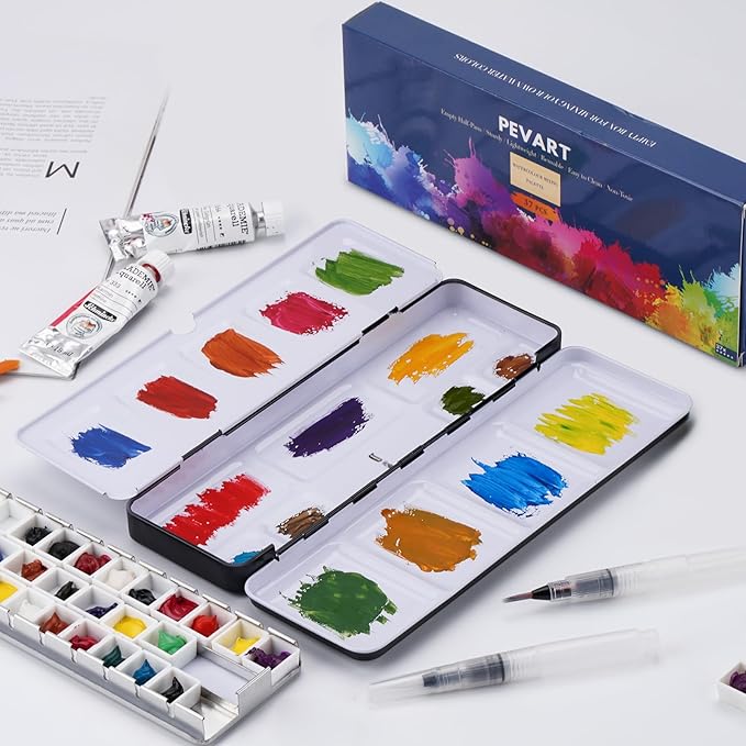 PEVART Empty Watercolor Paint Palette,Metal Box Mixing Palette Case with 37 Water Color Half Pans and Fold-Out Palette Tin Paint Tray Travel Watercolor Set,Acrylic,Gouache, Oil Painting