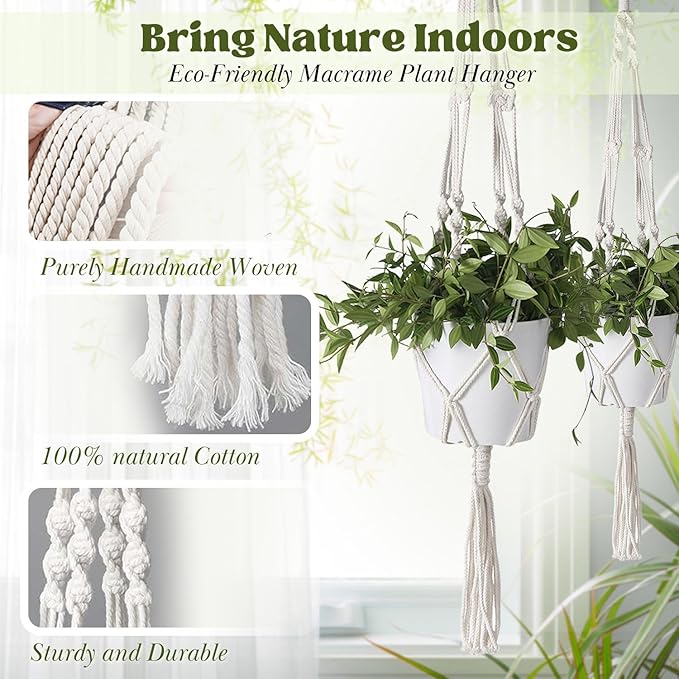 Flexzion 2 Pack White Macrame Plant Hanger - 41 Inch Macrame Hanging Planter with C & S Hooks - Indoor Hanging Plant Holder with Woven Cotton Rope for Home Decor (Plant Pot Not Included)