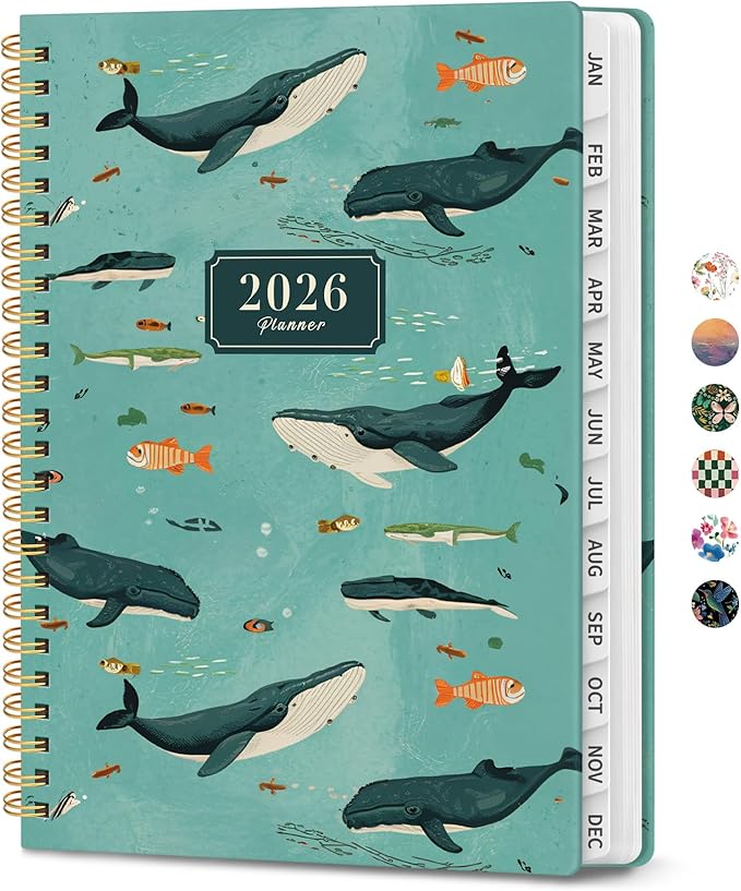 2026 Planner, Weekly and Monthly Calendar Planner for Women, Jan 2026 - Dec 2026, Hardcover Planning Agenda book with Tabs, Spiral Bound, Inner Pocket, Perfect for School Office Supplies, 6.3" x 8.5" - Depths Whale