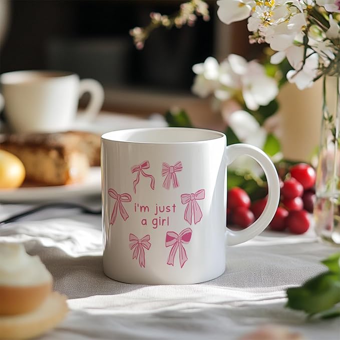 Cute Pink Bow Coffee Mug, I Am Just A Girl Ceramic Coffee Mugs, Coquette Cute Girly Mugs Gifts for Women Girls, 11oz Ceramic Cup White