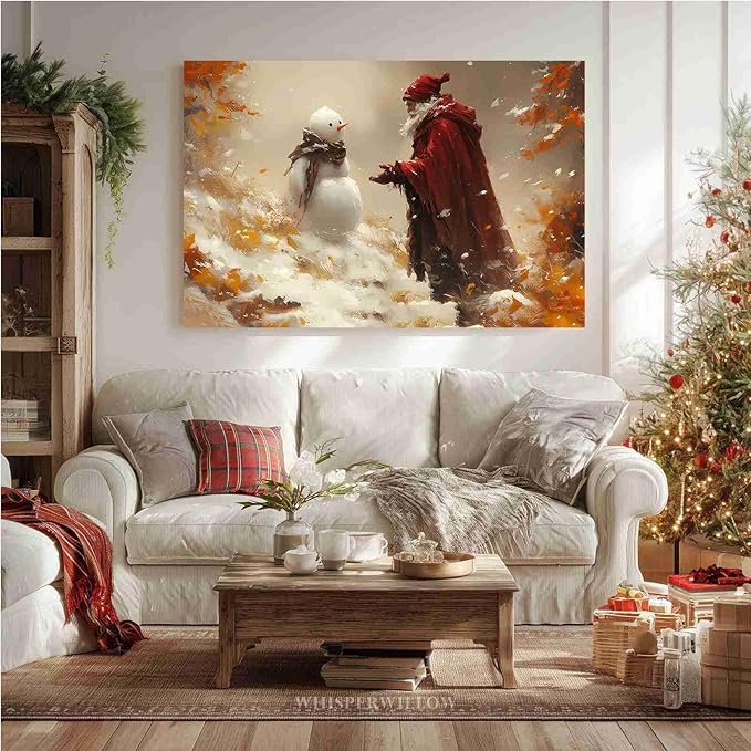 Vintage Christmas Canvas Painting Santa with Snowman Christmas Character Canvas Wall Art Holiday Winter Poster Indoor Decor for Home Offices Living Room Bedroom Dining Room Framed Ready to Hang
