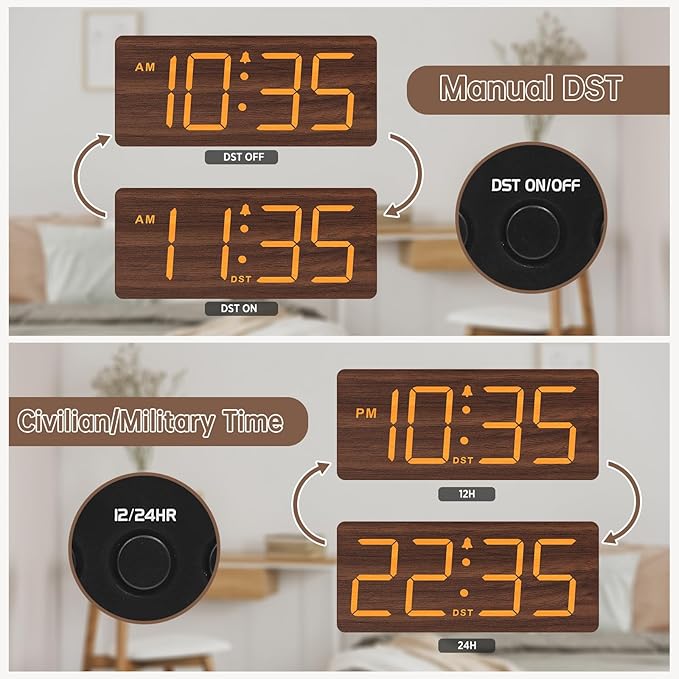 DreamSky Wooden Digital Alarm Clock for Bedroom - Desk Clock with Large Numbers for Living Room Office, Loud Alarm for Heavy Sleepers Adults, Volume Control, Dimmer, DST, Wood Decor (Plug in Clock)