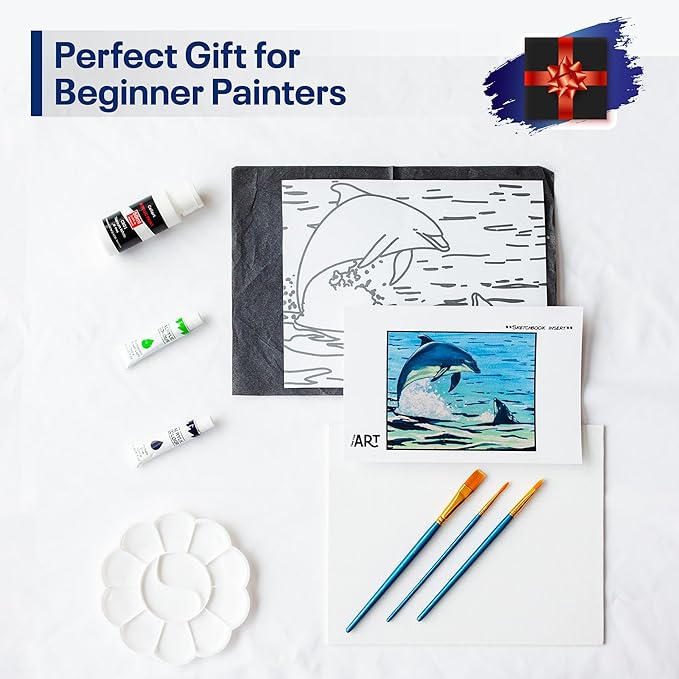 DIY Painting Class Kit for Adults with Video Tutorials: Learn to Paint Dolphins – How to Paint with Acrylics – Painting & Art Supplies – 9 Piece Acrylic Paint Set