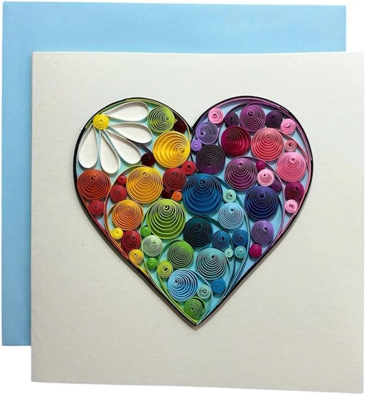 Handcrafted 3D Quilling Colorful Heart Greeting Card for Love, Valentine's Day, Mother's Day, Father's Day or Anniversaries, Blank Inside, Ready to Gift, Includes Envelope