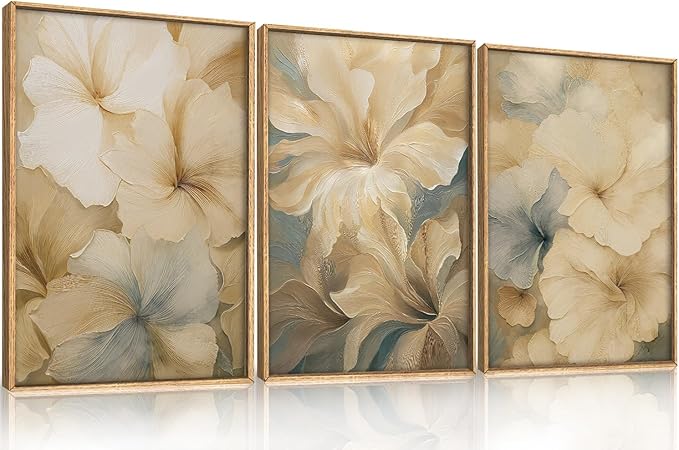 KAIRNE Neutral Floral Wall Art Set of 3, Modern Abstract Flower Prints with Soft Beige & Grey Tones, Boho Botanical Artwork for Living Room Bedroom Office, Minimalist Aesthetic Home Decor 16×24inch