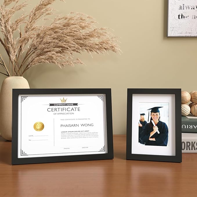 KINLINK A5 Picture Frame, Black Solid Wood Frames with Acrylic Plexiglass for Pictures 4x6 with Mat or A5 without Mat, Tabletop and Wall Mounting Display 4 Pack