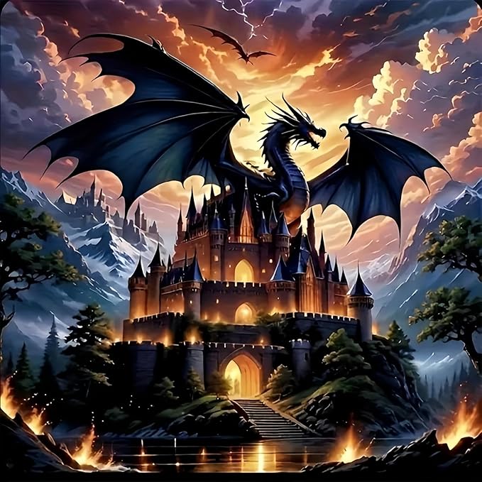 Acelii 5D Diamond Art Kits for Adults Beginners Dragon Castle，DIY Full Round Drill Diamond Painting Kits, Paint by Diamonds Dots Gem Art Crystal Easy，Home Wall Decor 13.78X13.78 Inch